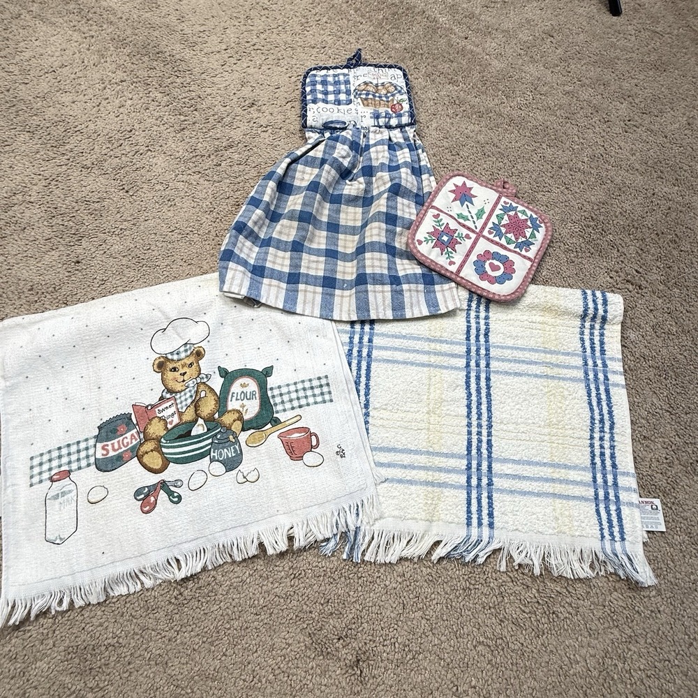 Vtg 70s Cannon Hand Towel Lot Fringe Teddy Bear Milk Cookies MCM Stripe Cute